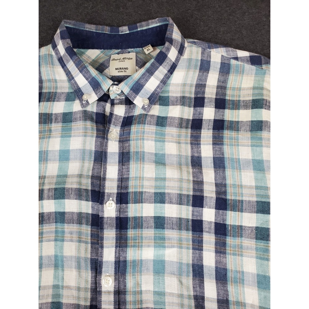 Baird McNutt x Murano Linen Shirt Mens XL Plaid Slim Fit Long Sleeve Button Down